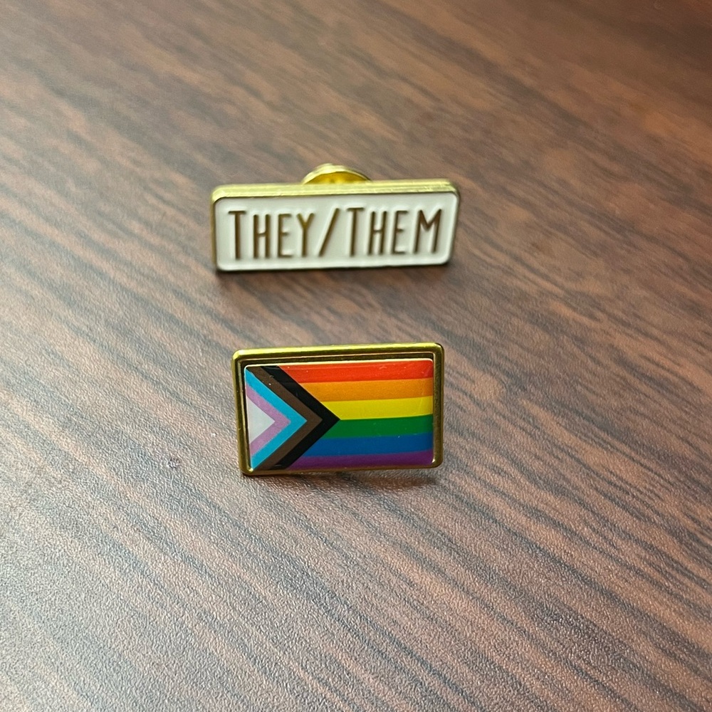 Pride flag and They/them lapel pins